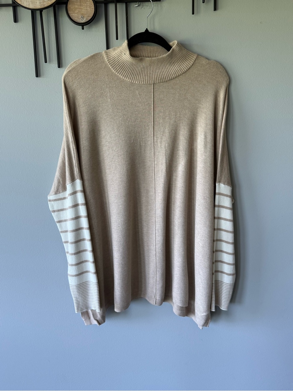 Jones New York Beige Tunic Sweater with Cream Striped Sleeves